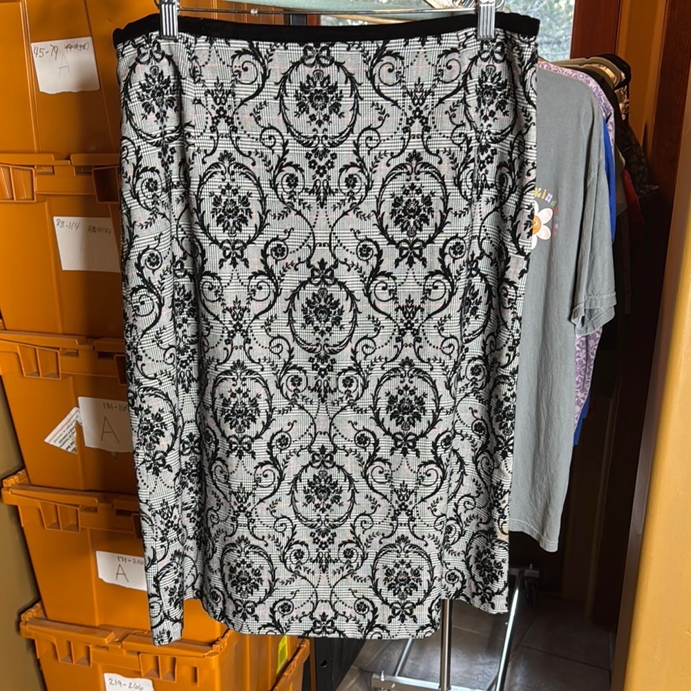 Vintage M.I.C Studio Velvet Flocked Houndstooth Midi Skirt Black White Red Sz 16 - Picture 2 of 7